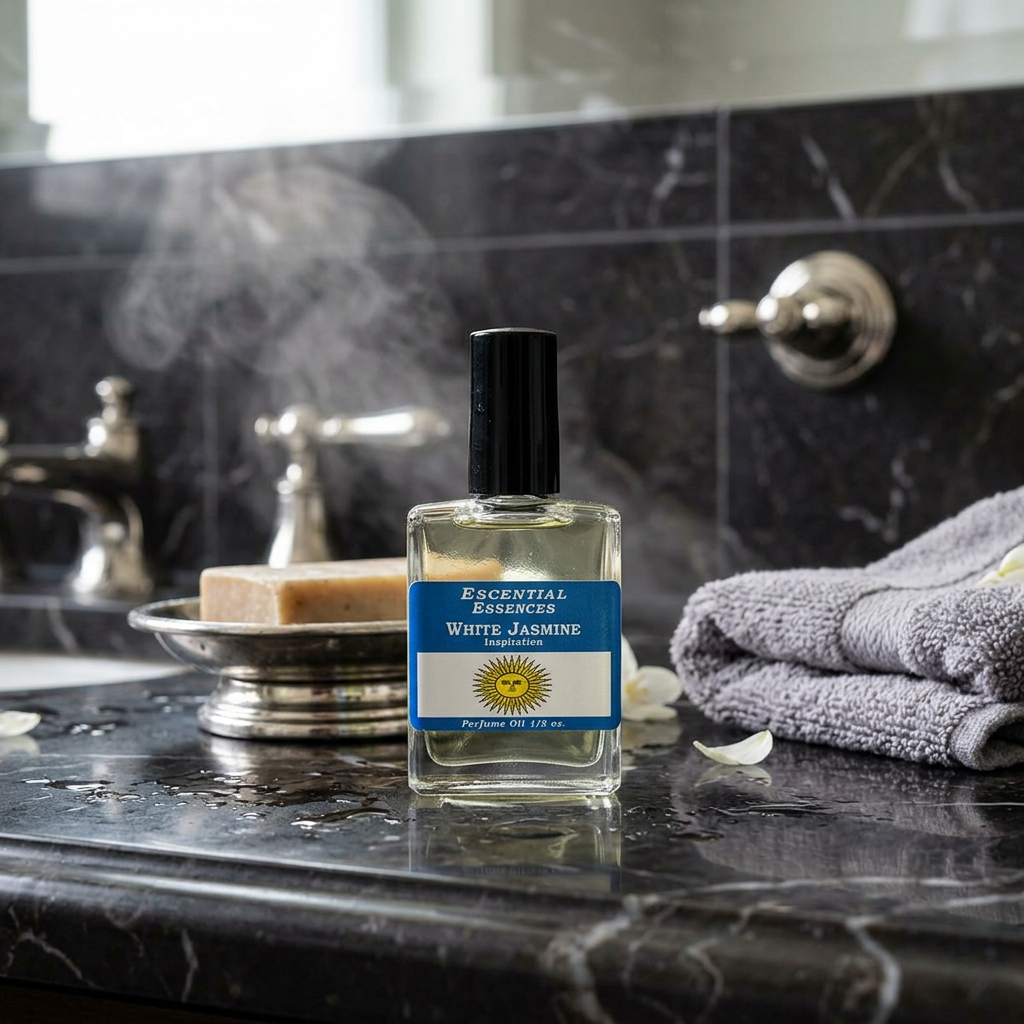 Close-up of white jasmine essential oil bottle in sophisticated bathroom with dark marble and silver accents, evoking a spa atmosphere.