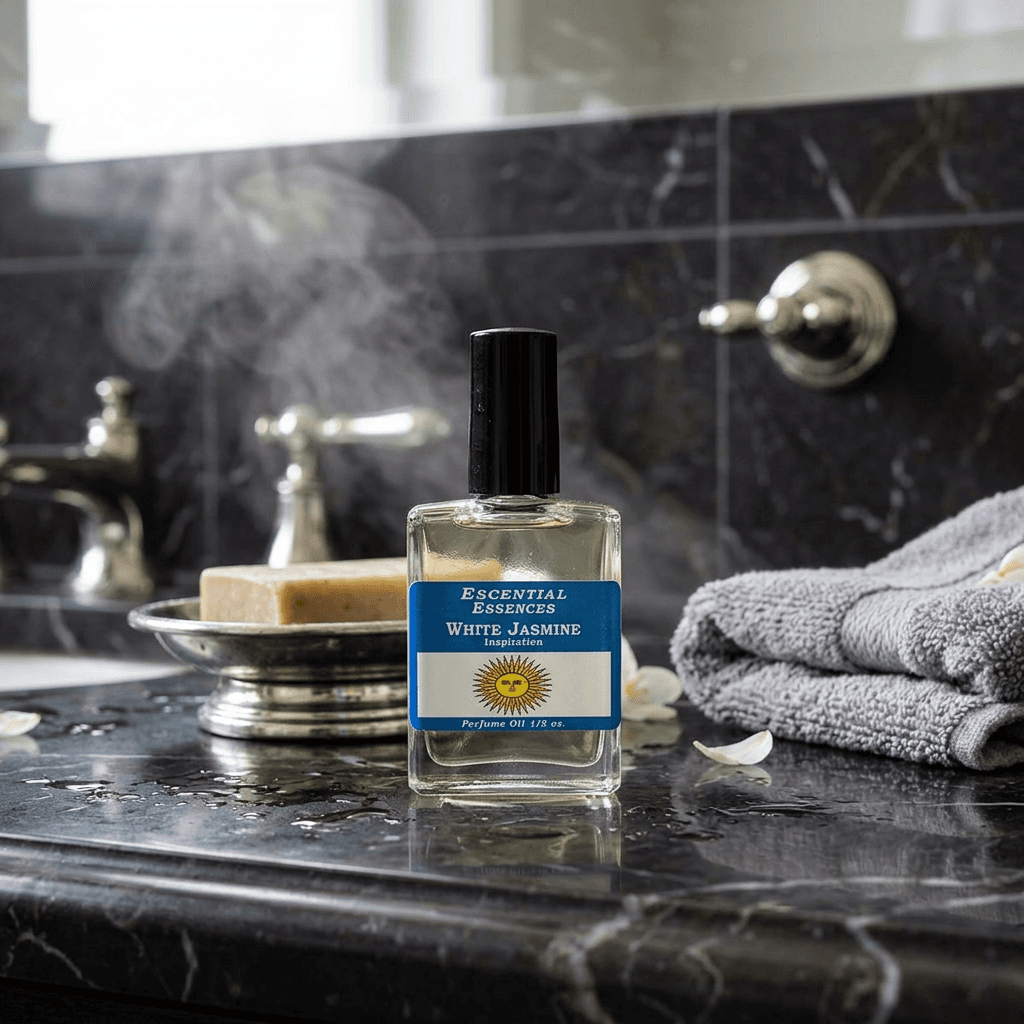 Close-up of white jasmine essential oil bottle in sophisticated bathroom with dark marble and silver accents, evoking a spa atmosphere.