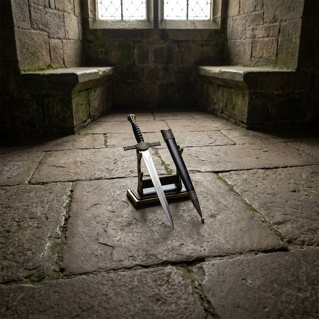 Diagonally placed 12-inch Macleod sword against a textured stone wall with natural lighting highlighting engraved details and true colors.
