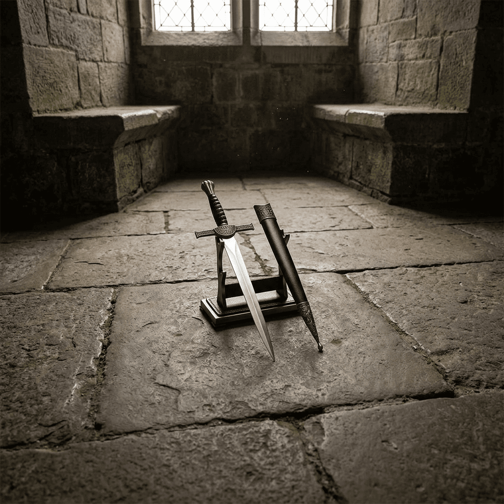 Diagonally placed 12-inch Macleod sword against a textured stone wall with natural lighting highlighting engraved details and true colors.