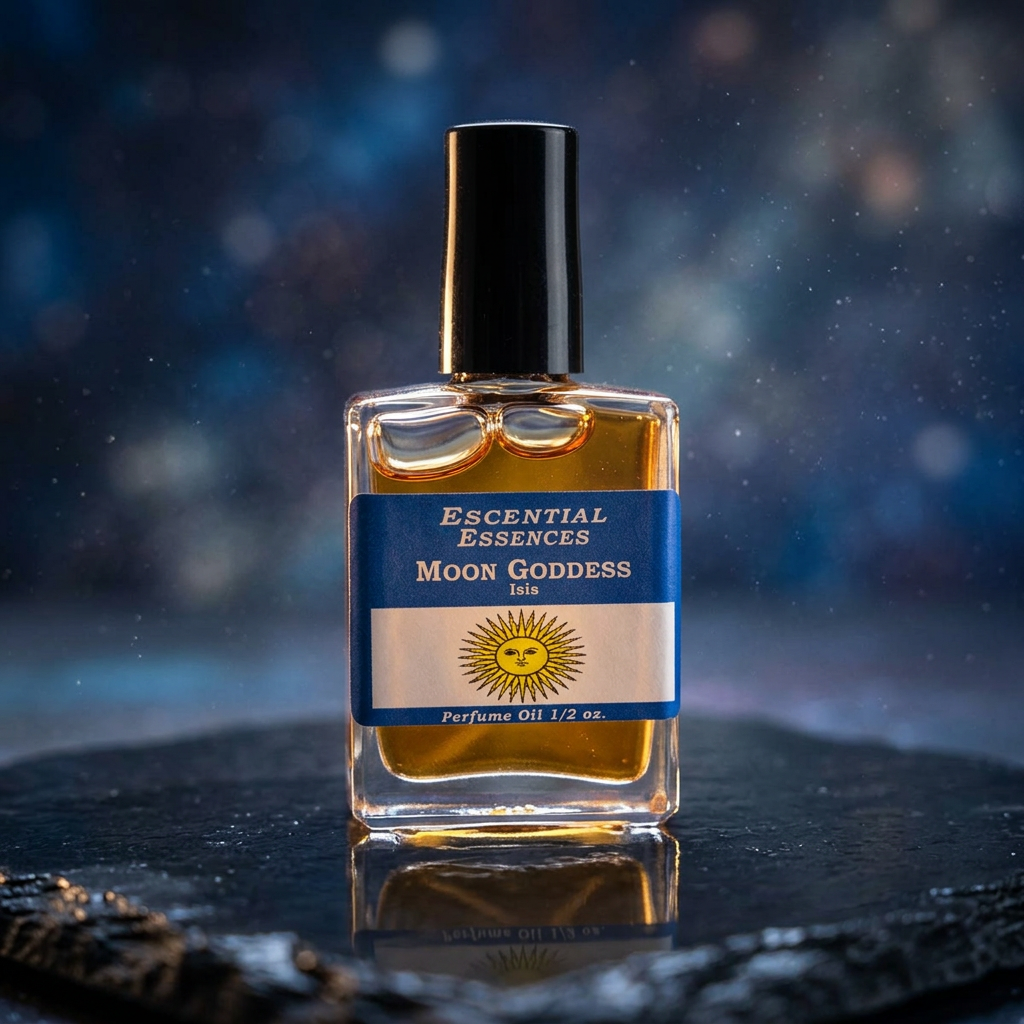 Diminutive macro shot of Moon Goddess Isis perfume oil bottle with reflective dark surface, showcasing micro-texture and purity details.