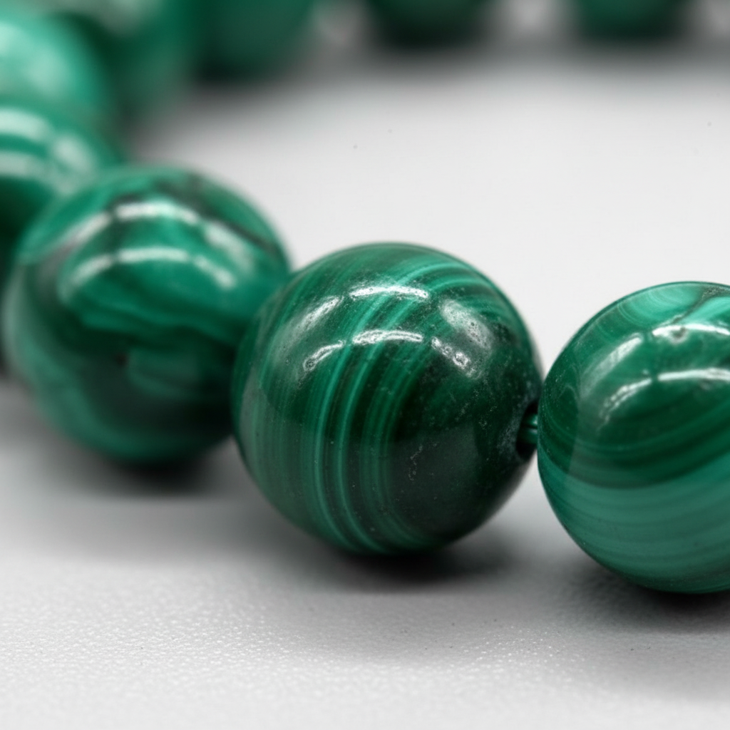 Malachite Bracelet, 8mm Beads, detail view