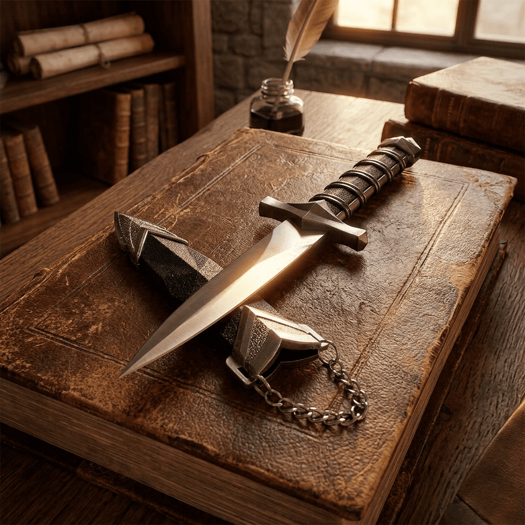 A 9 1/2 inch medieval athame laid on an aged leather book, illuminated with warm golden-hour light, highlighting reflective blade and textured handle.