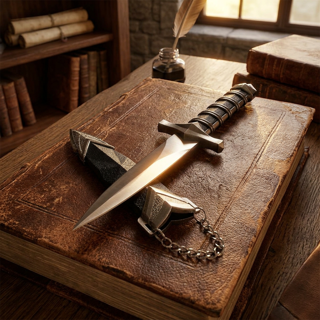 A 9 1/2 inch medieval athame laid on an aged leather book, illuminated with warm golden-hour light, highlighting reflective blade and textured handle.