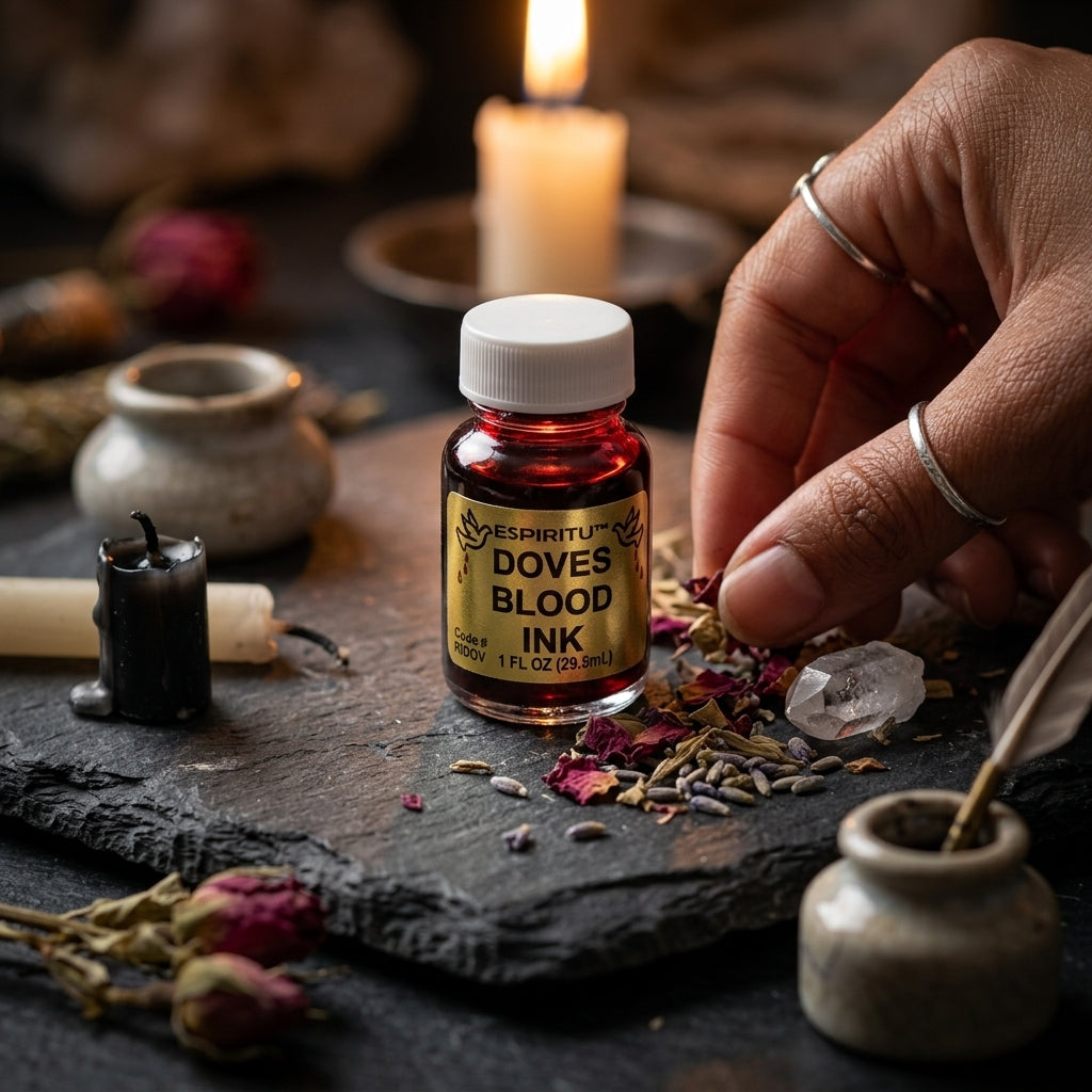 Tiny Dove's Blood ink bottle on dark stone surface with ritual tools and herbs blurred in background.