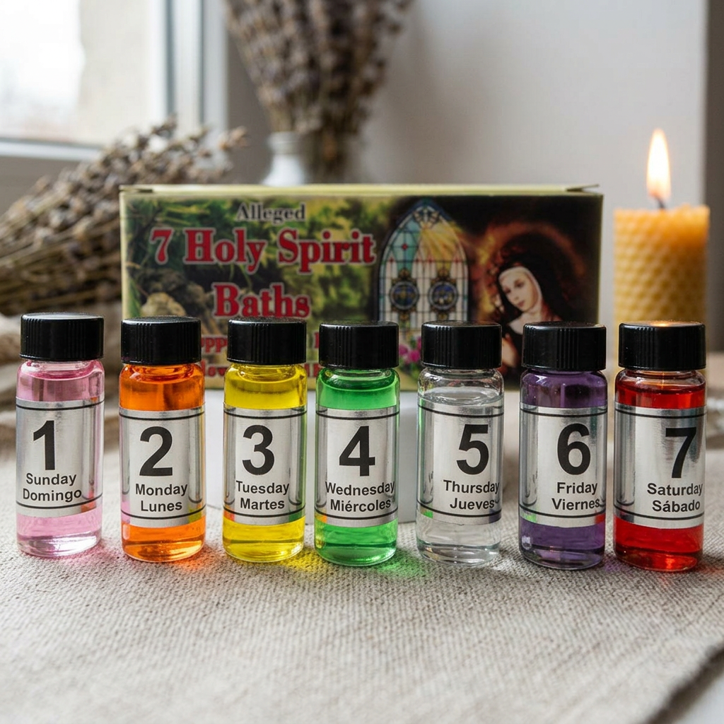 Photorealistic image of a small glass bottle labeled '7 Holy Spirit baths' on linen cloth, surrounded by herbs and candle.