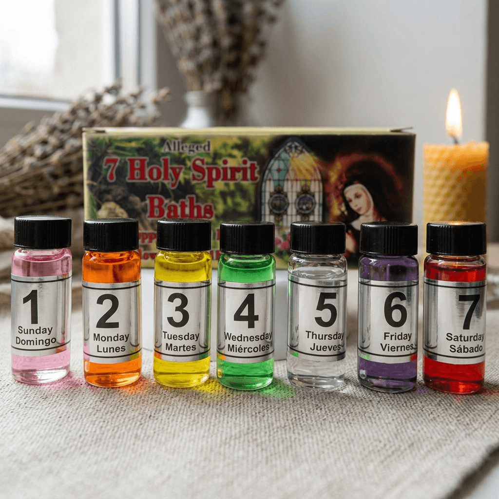 Photorealistic image of a small glass bottle labeled '7 Holy Spirit baths' on linen cloth, surrounded by herbs and candle.