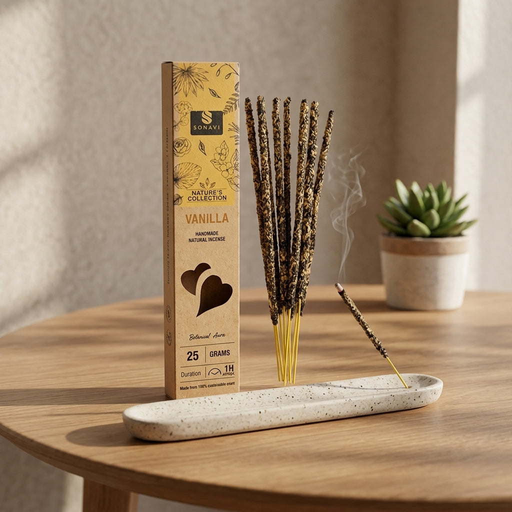 Small vanilla incense stick in a sleek ceramic holder within a peaceful modern meditation corner.