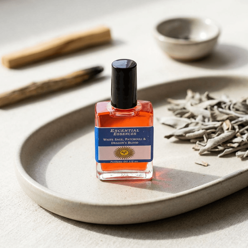 Elevated view of a 1/2oz essential oil bottle on a matte ceramic tray with sage and ritual accessories in background, emphasizing authenticity and quality.