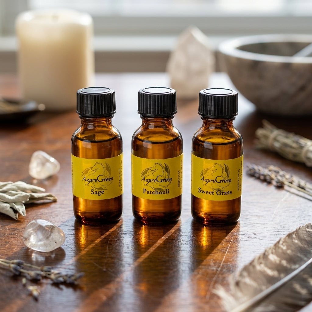 Dark Musk Oil bottle on polished wooden ritual table with stones, herbs, and feathers, highlighted by natural window light.