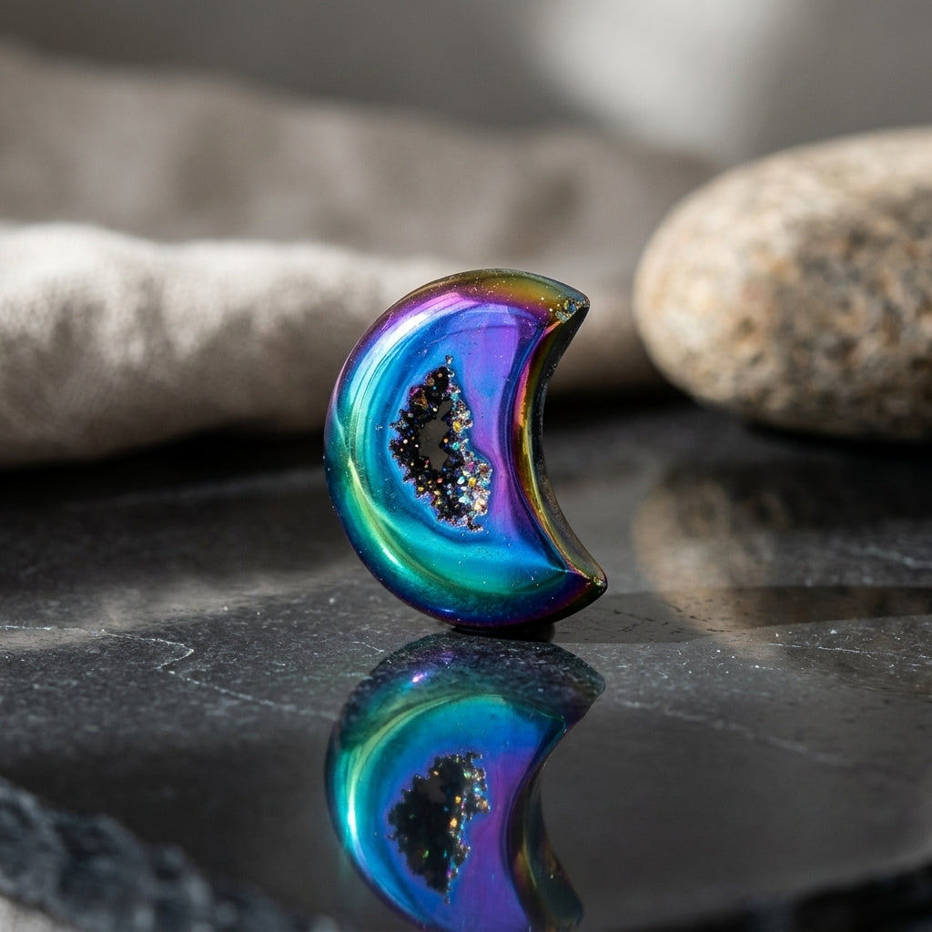 High-resolution studio shot emphasizing metallic rainbow hues and crystalline details of the geode on a reflective surface.