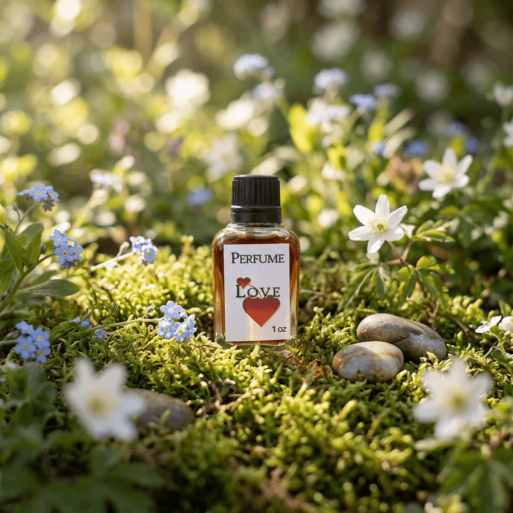 Panoramic outdoor scene with the 1oz Love perfume bottle on moss and wildflowers, bathed in sunlight filtered through trees, emphasizing natural beauty.