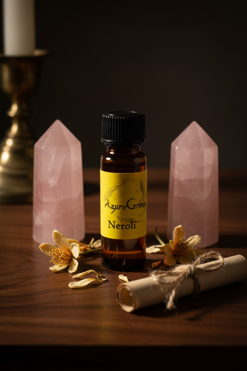 Neroli Oil on dark altar with rose quartz and parchment