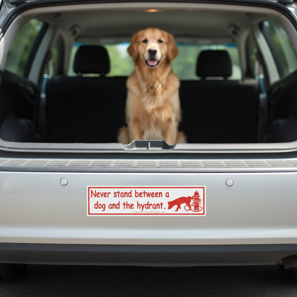 Never Stand Between a Dog and the Hydrant Bumper Sticker, styled on altar