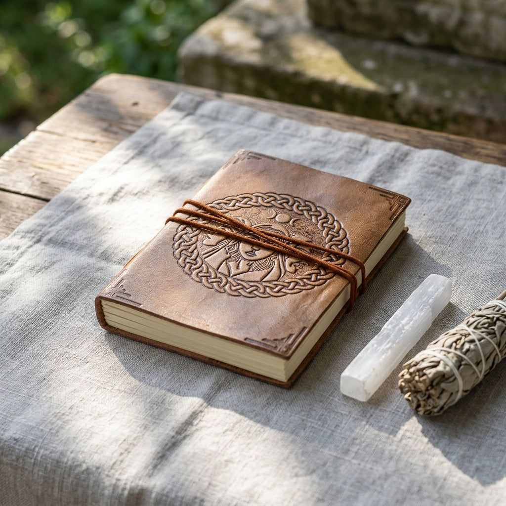Mid-shot of the open Triple Goddess Leather Journal on linen cloth outdoors, showcasing embossed design and unlined pages in natural light.