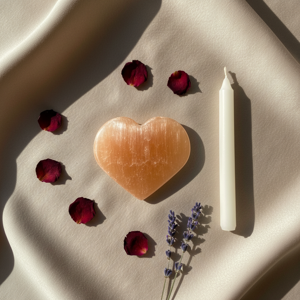 Orange Selenite Heart, 2.75" flat lay