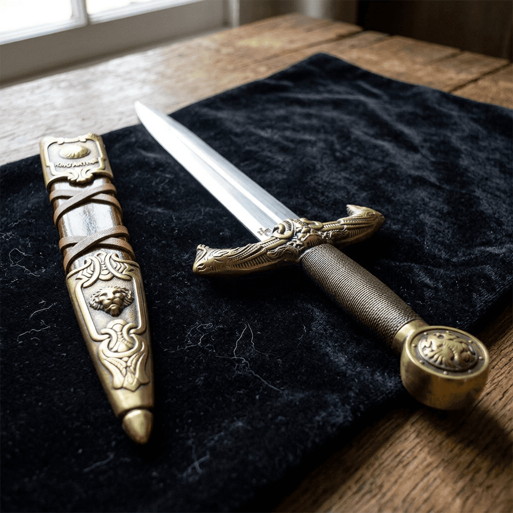 Close-up of the sword’s crest highlighting intricate metalwork, engraved details, gemstone embellishments, and craftsmanship on textured fabric background.
