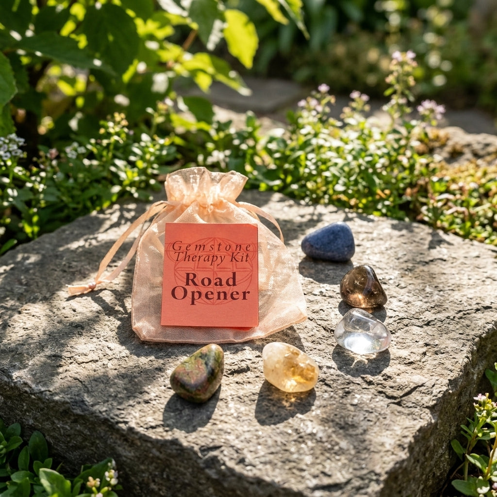 Close-up of Road Opener gemstone kit on a natural stone slab outdoors, with lush foliage background and detailed micro-texture view.