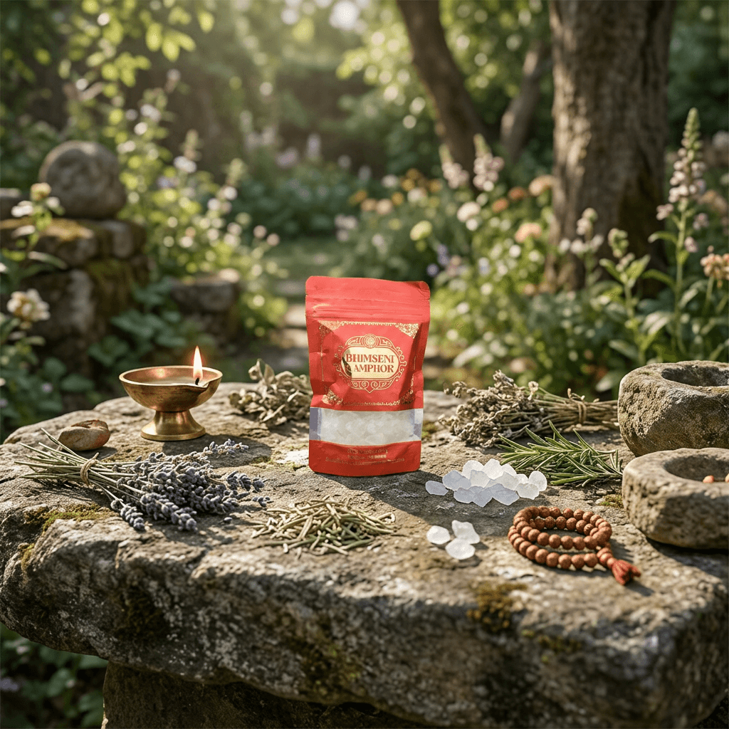 Wide-angle view of 100g Camphor chunks on a rustic stone altar surrounded by natural elements, highlighting texture contrast in daylight.