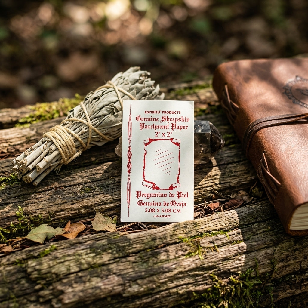 Sheep skin parchment placed on moss and leaves outdoors, illuminated by soft sunlight through trees, evoking spiritual connection.
