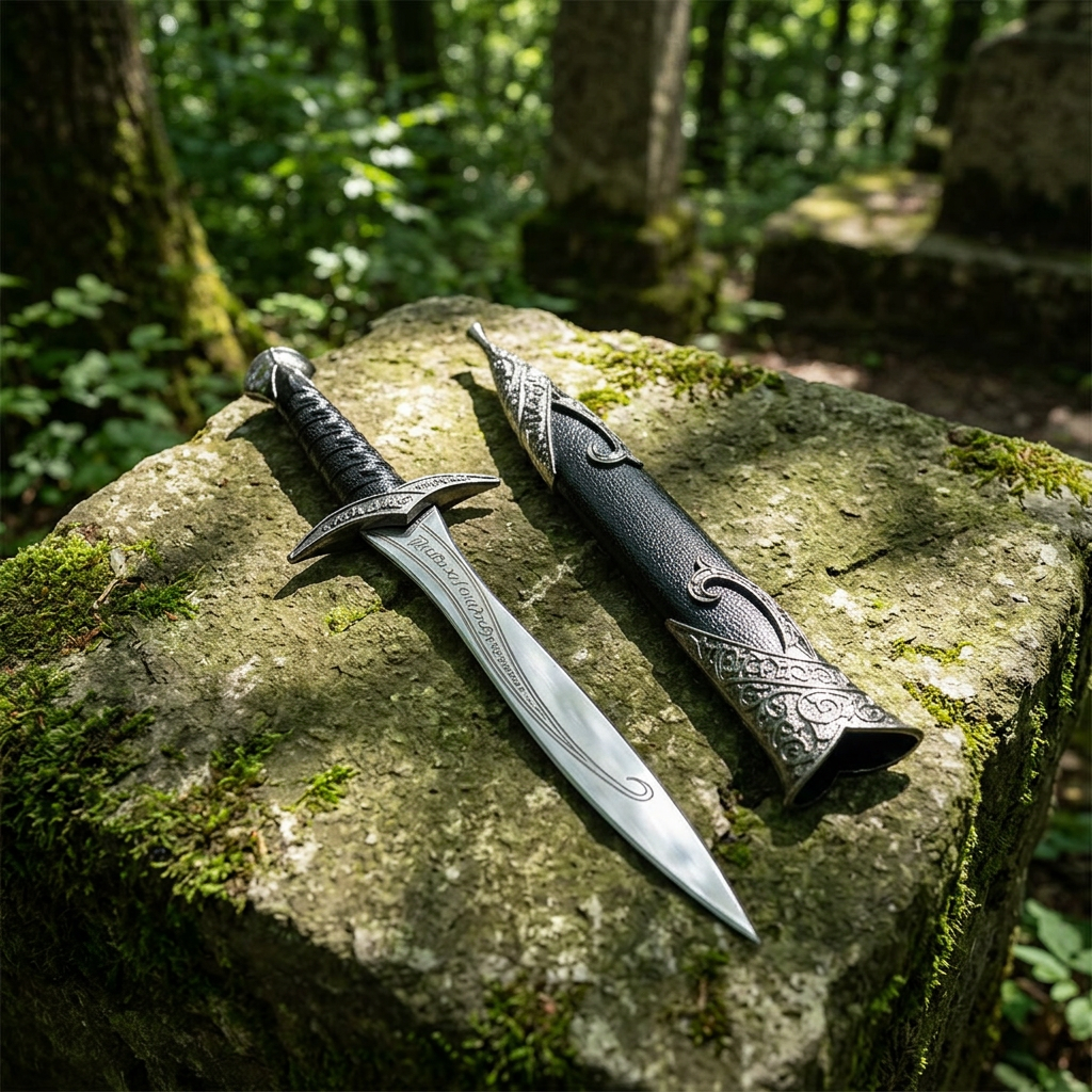 Snake Eye athame placed on a stone outdoors amidst greenery, capturing natural textures and mystical symbolism.