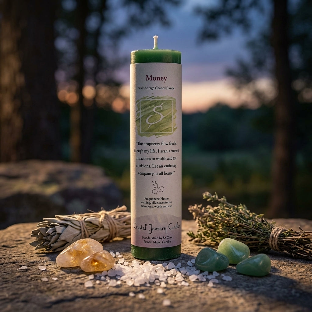 Outdoor scene at twilight with a small Money Reiki Charged Pillar Candle on natural elements like salt and crystals in a tranquil setting.