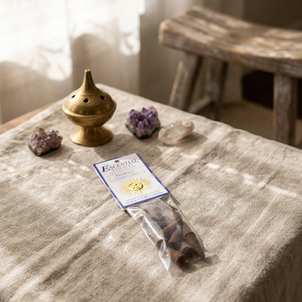 Top view of cinnamon incense cones and packaging, arranged on soft cloth in a sacred, cozy space with warm lighting.