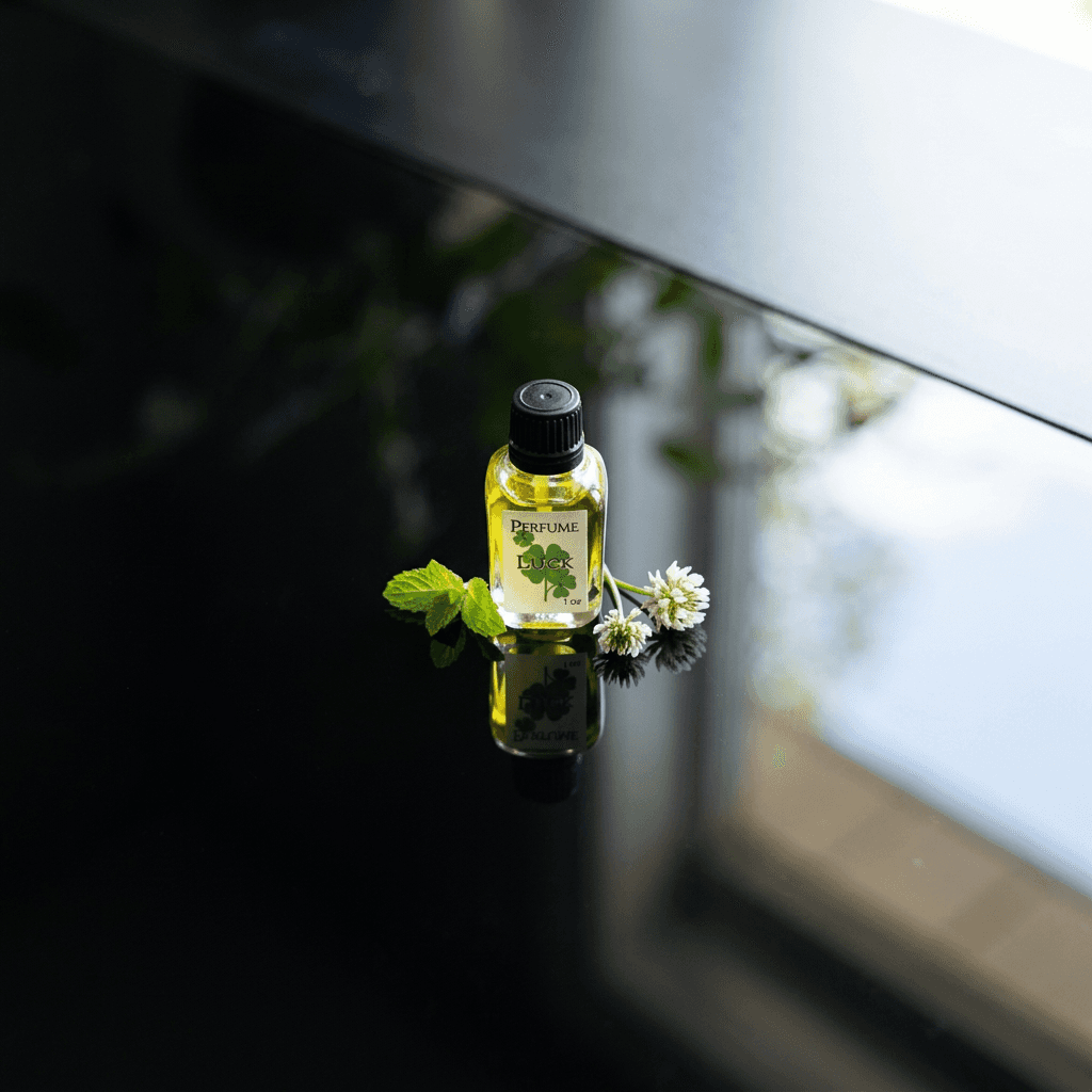 Top-down view of 1oz Luck perfume on black reflective surface with herbs and flowers, showcasing micro-details and freshness.