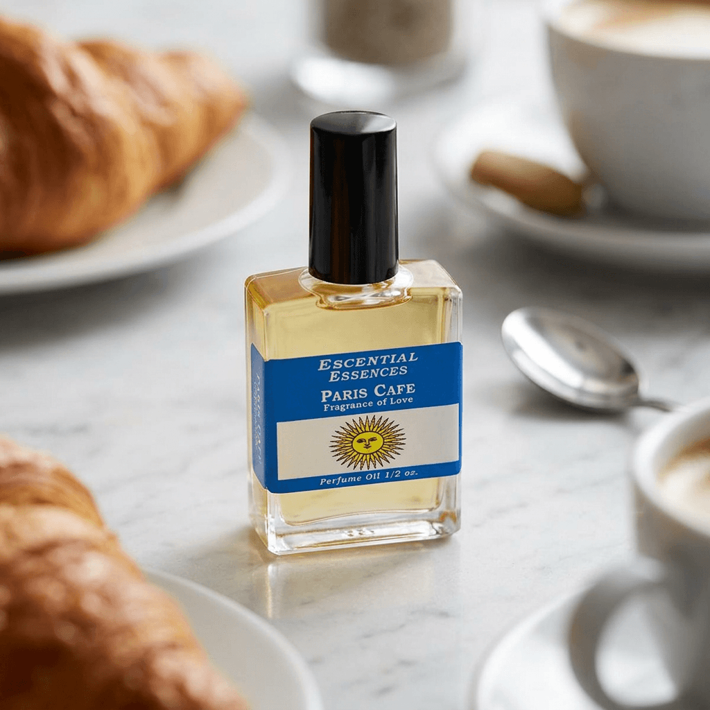 Macro shot of Paris Cafe Perfume Oil bottle showcasing micro-texture, glass edges, and branding on neutral background.