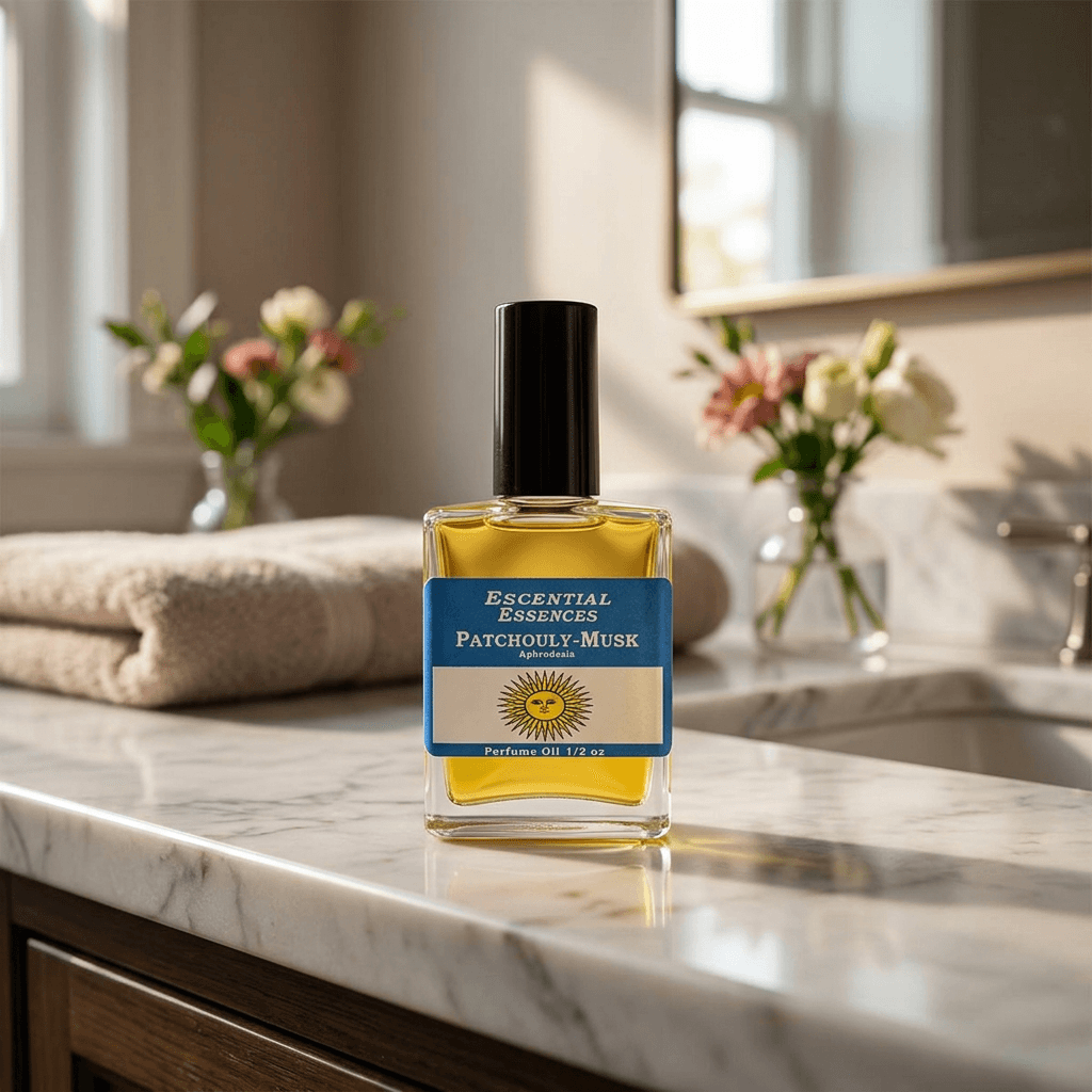 Patchouli-Musk Perfume Oil in a small bottle placed on a polished marble countertop in a sophisticated bathroom setup.
