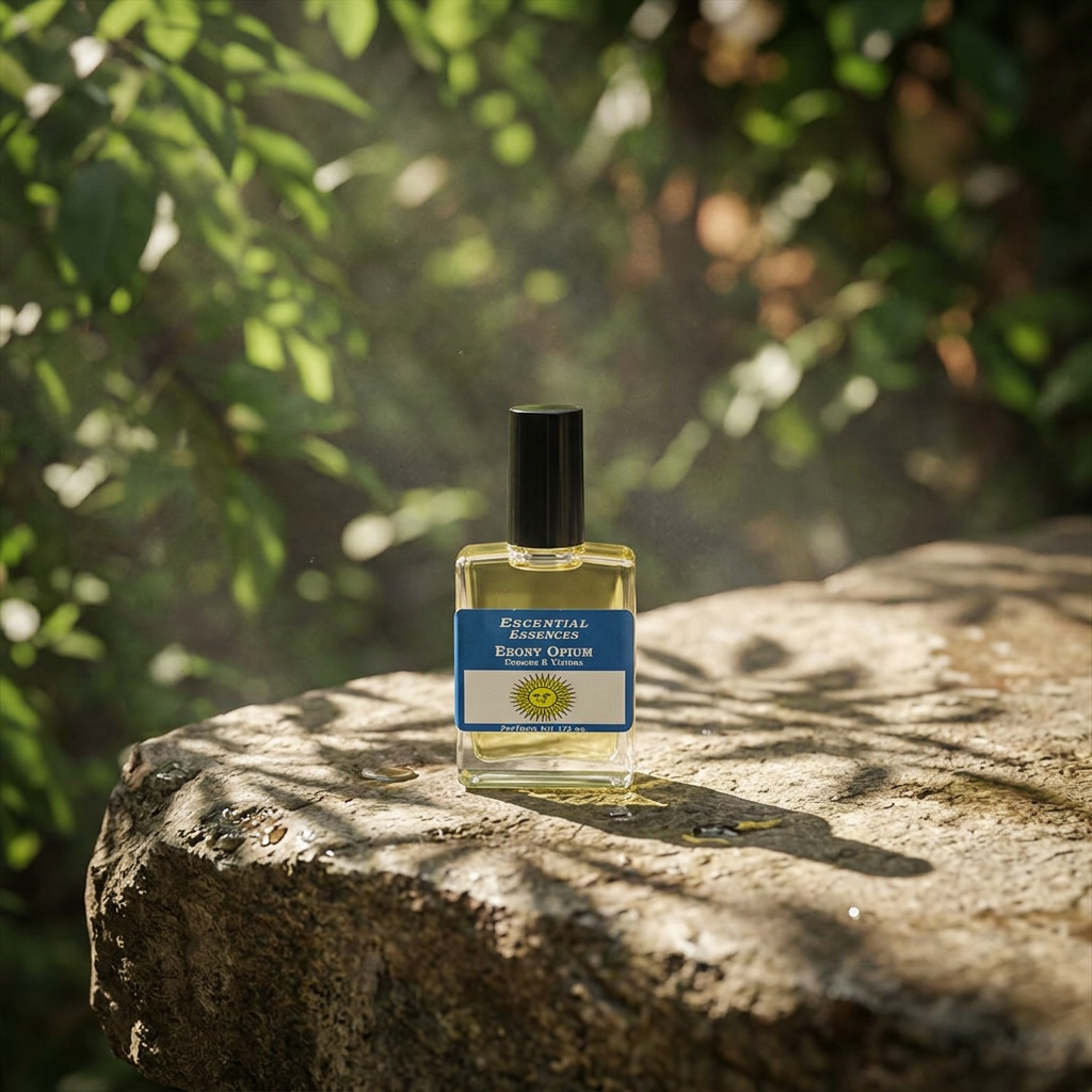 Natural outdoor scene with Ebony Opium Perfume Oil bottle on rustic stone, surrounded by greenery and dappled sunlight in a dreamy, mystical setting.