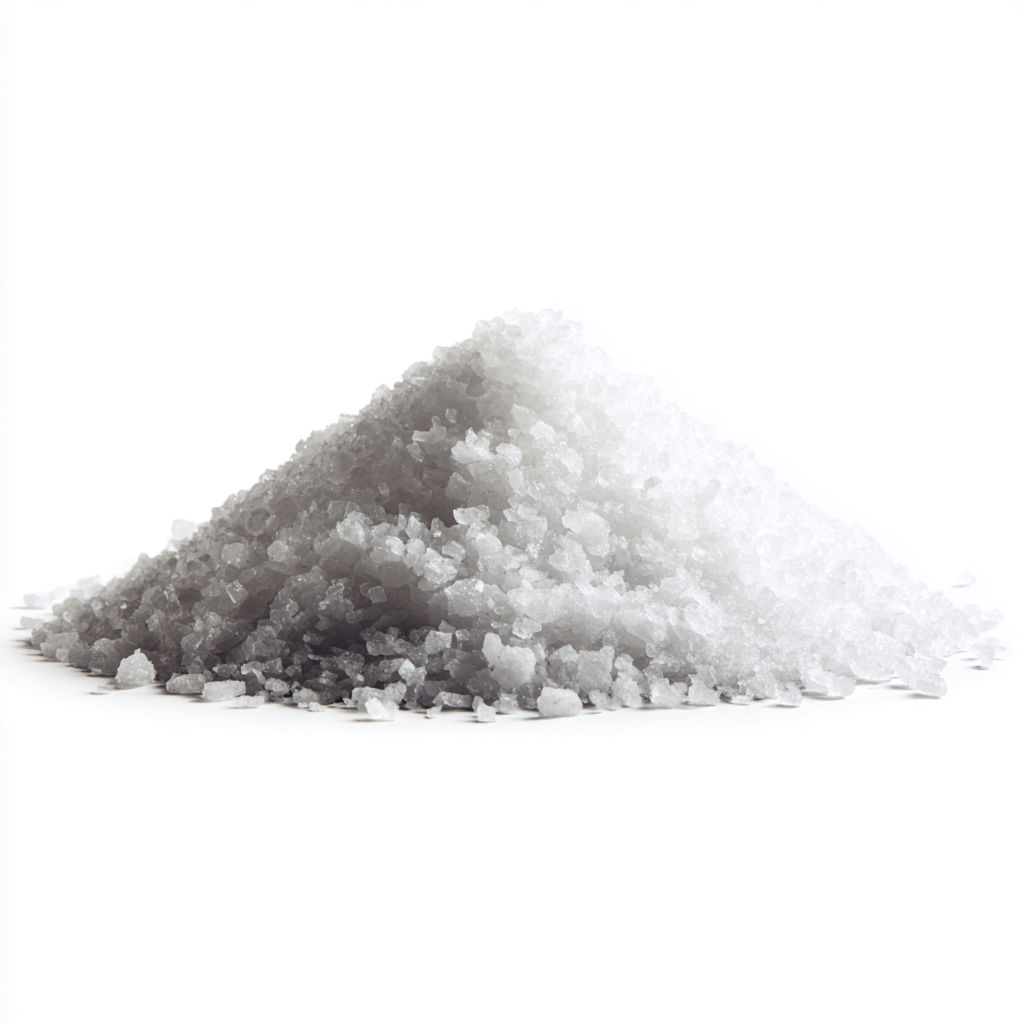 Pile of coarse white Saltpetre Potassium Nitrate crystals on a white background