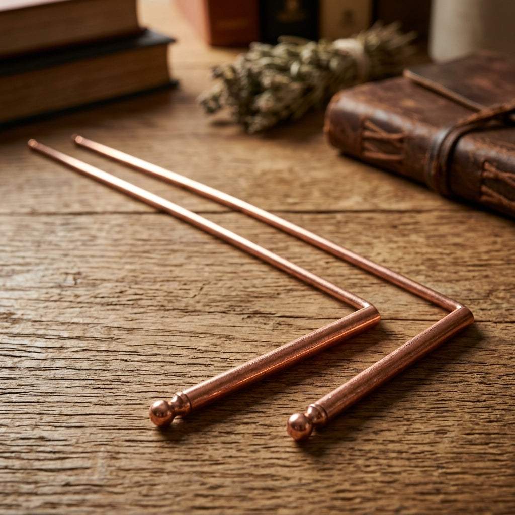 Copper dowsing rods set displayed on textured wooden table with warm natural lighting.