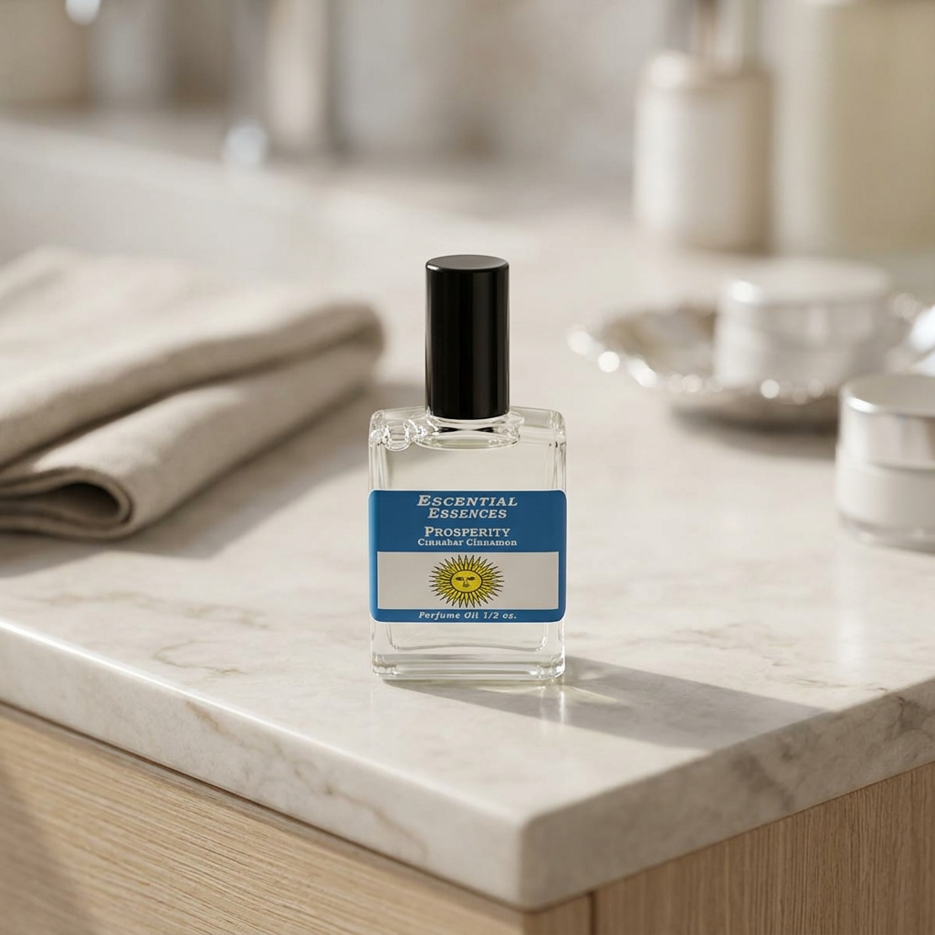Close-up of Prosperity Perfume Oil bottle showing glass micro-texture, logo engraving, and glossy finish with natural side lighting.