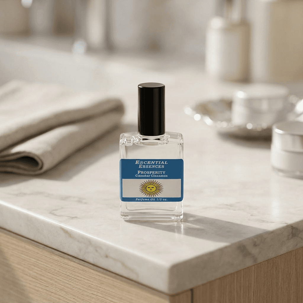 Close-up of Prosperity Perfume Oil bottle showing glass micro-texture, logo engraving, and glossy finish with natural side lighting.
