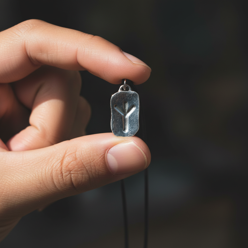 Protection Rune Pewter Pendant, held in hand