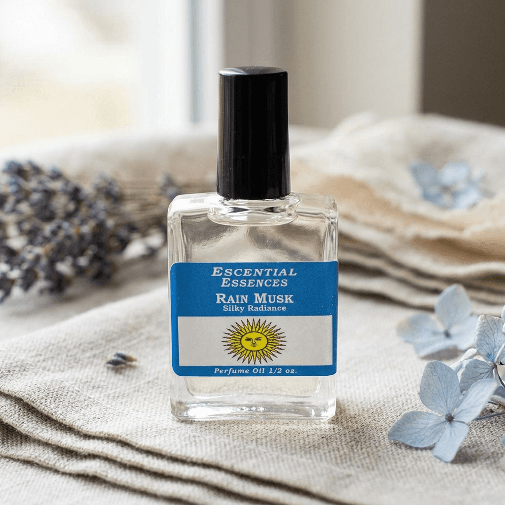 Product shot of Rain Musk Perfume Oil bottle on linen cloth with dried flowers, highlighting micro-texture and natural colors.