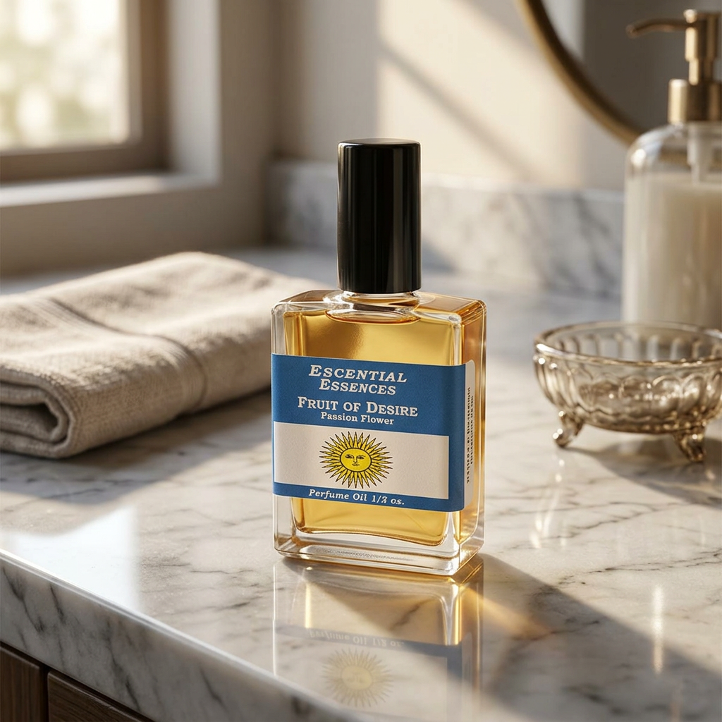 Scene of a petite Passion Fruit Seduction Perfume Oil bottle on a sleek reflective surface in an upscale bathroom with warm lighting.