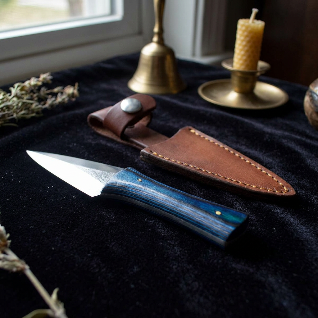 Interior scene of ritual altar with a tiny arrowhead athame on velvet cloth, illuminated softly to showcase detail.