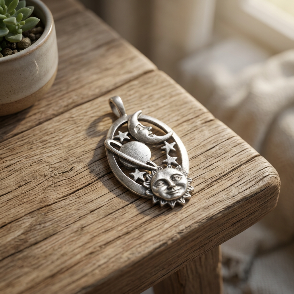 Photorealistic close-up of a delicate celestial amulet with solar, lunar, and planetary symbols on a wooden surface in a tranquil spiritual setting.