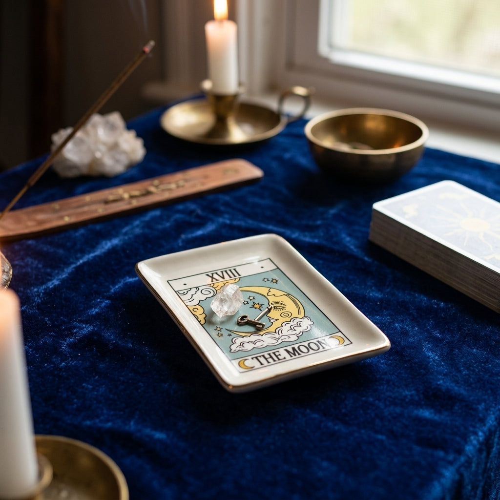 Hyper-realistic image of a tiny moon tarot dish with gold edge on velvet cloth in a peaceful shrine setting