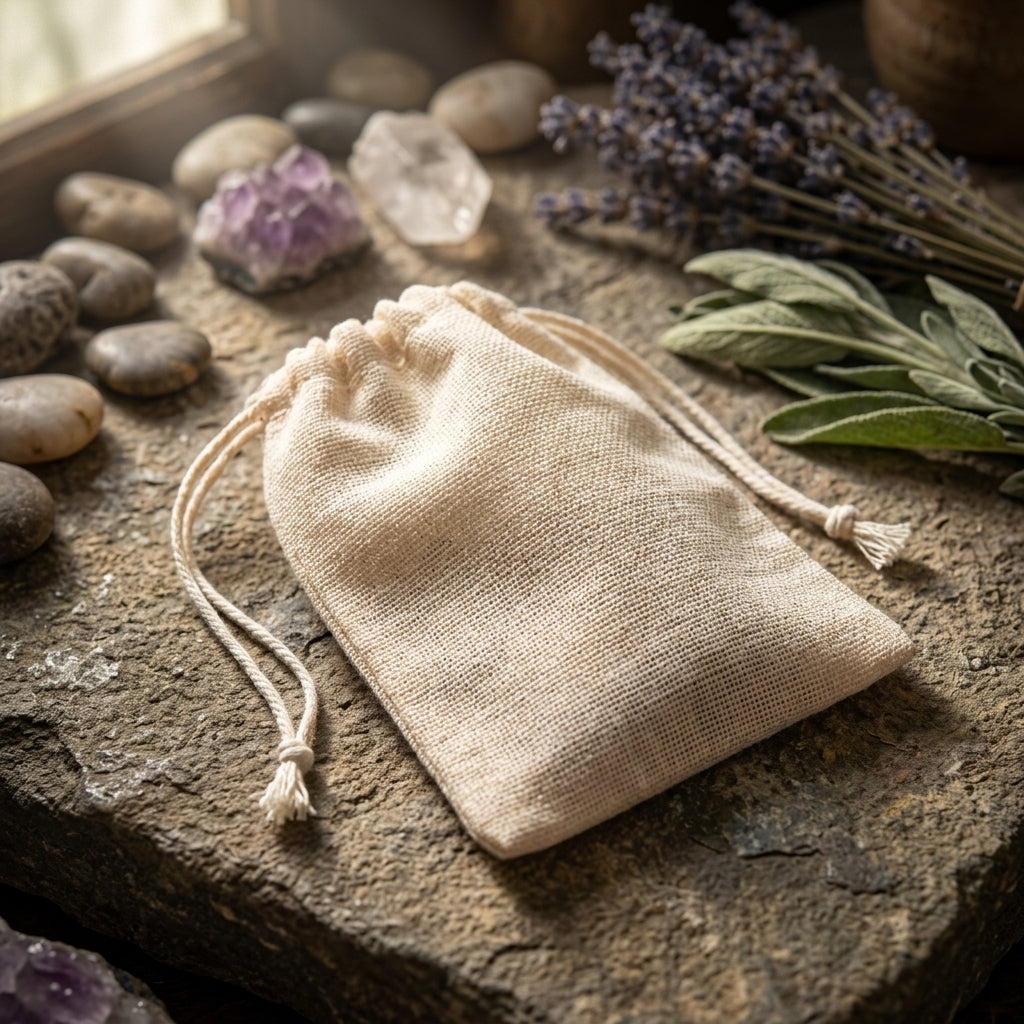 Close-up of cotton tea bag on botanical altar with crystals and herbs, highlighting material and spiritual infusion purpose.