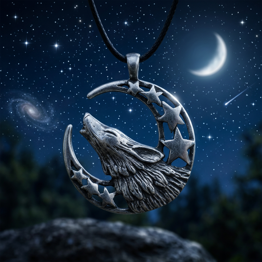 Serene scene of the small, detailed celestial amulet hanging from a thin cord against a starry night sky with a glowing crescent moon.