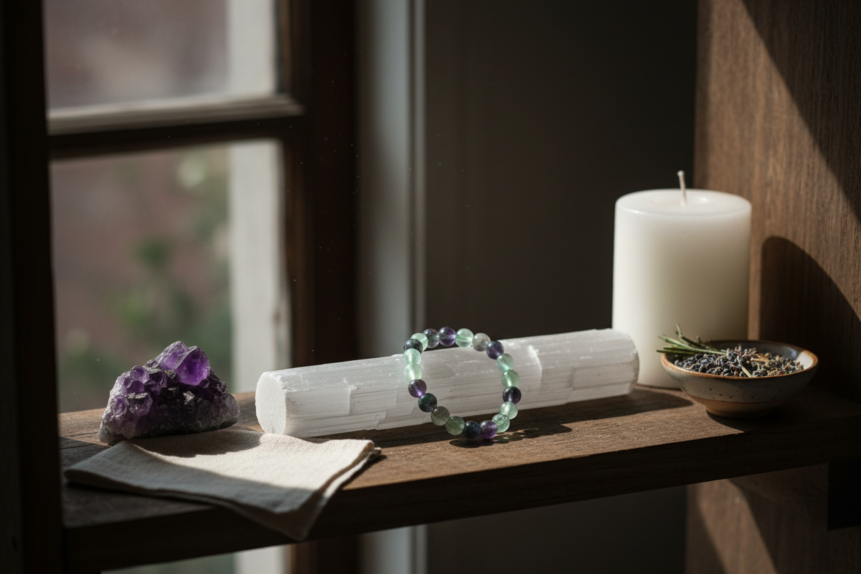 Fluorite Stone Bracelet, 8mm Beads, detail view