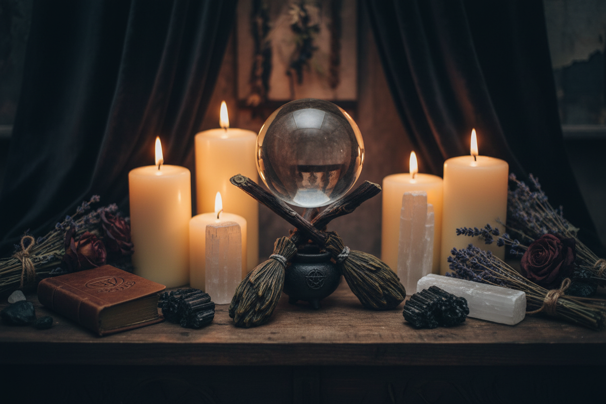 Clear Gazing Ball with Witch Broom Stand, 100mm (4 Inch), alternate view