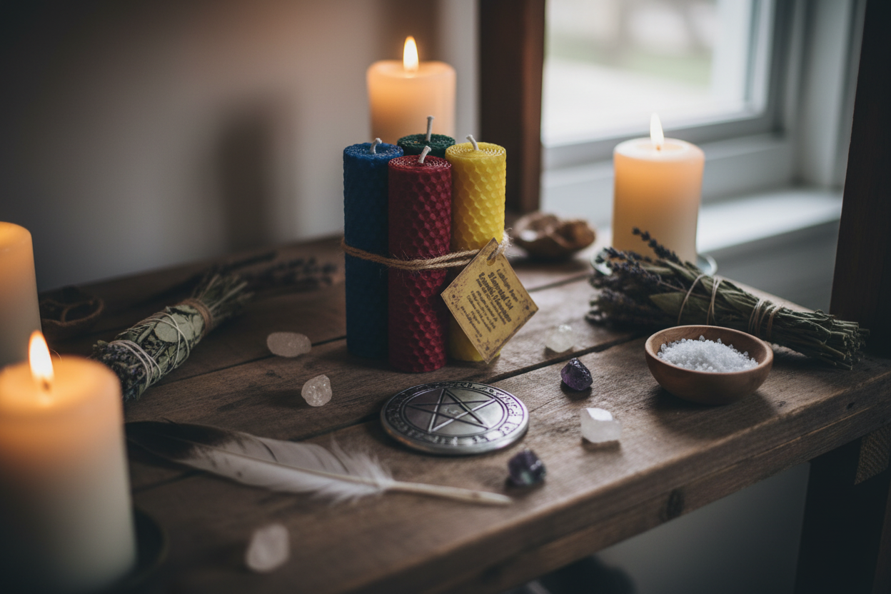 Elemental Lailokens Awen Candle Set, Set of 4, 4 1/4", shown in use