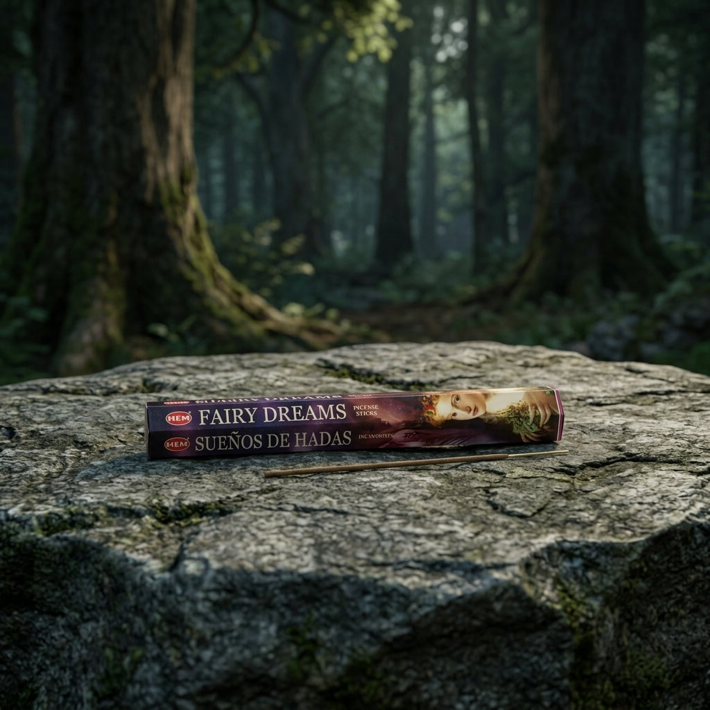 Small incense stick on textured stone with twilight forest background, emphasizing mystic and dreamwork theme.