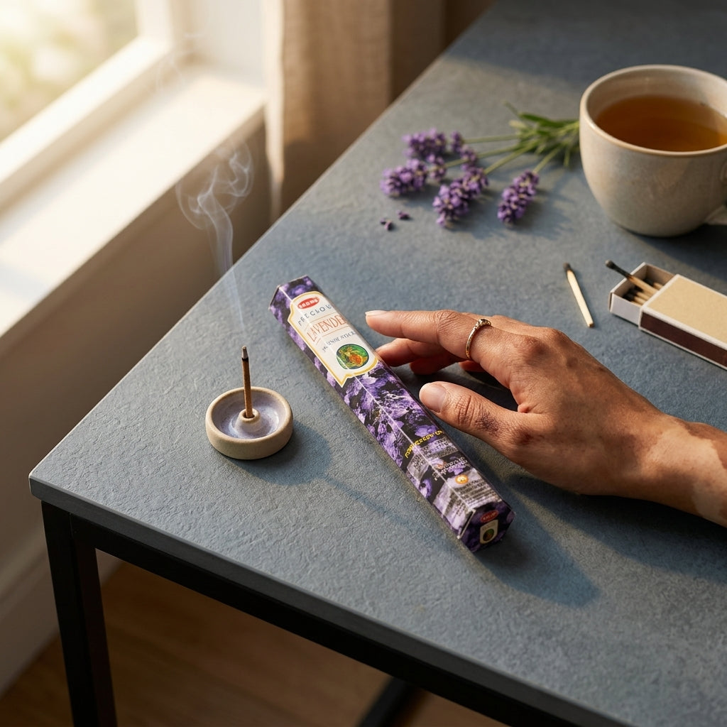 Small lavender incense stick on sleek matte table during golden hour with rising smoke and soft shadows.