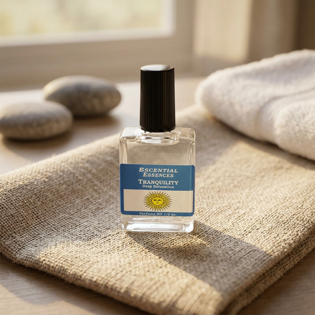 Small Tranquility Essences Oil bottle on rustic linen with warm lighting, surrounded by relaxing bathroom accessories and stones.