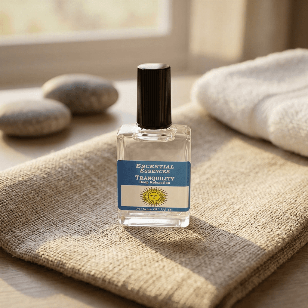 Small Tranquility Essences Oil bottle on rustic linen with warm lighting, surrounded by relaxing bathroom accessories and stones.